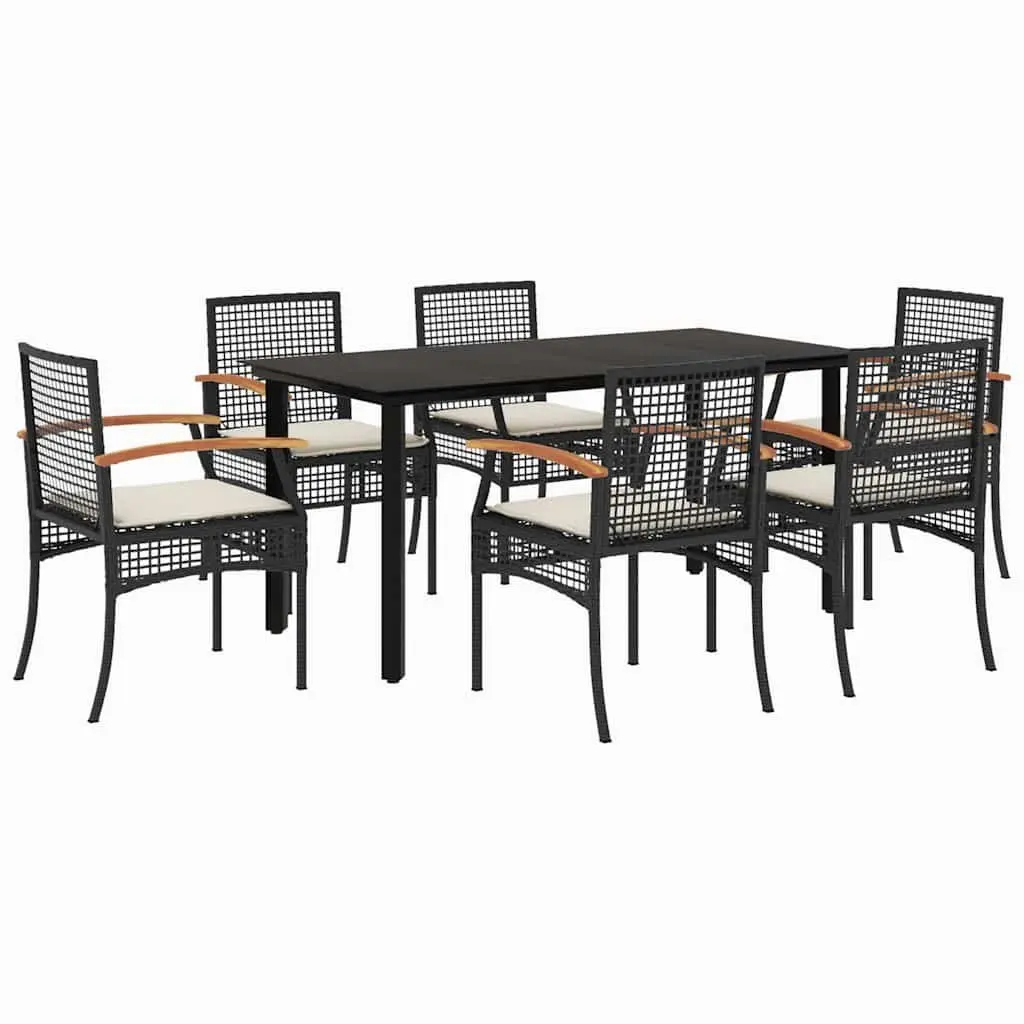 7 Piece Garden Dining Set Outdoor Patio Furniture Black Poly Rattan with Tempered Glass Tabletop and Cushioned Chairs