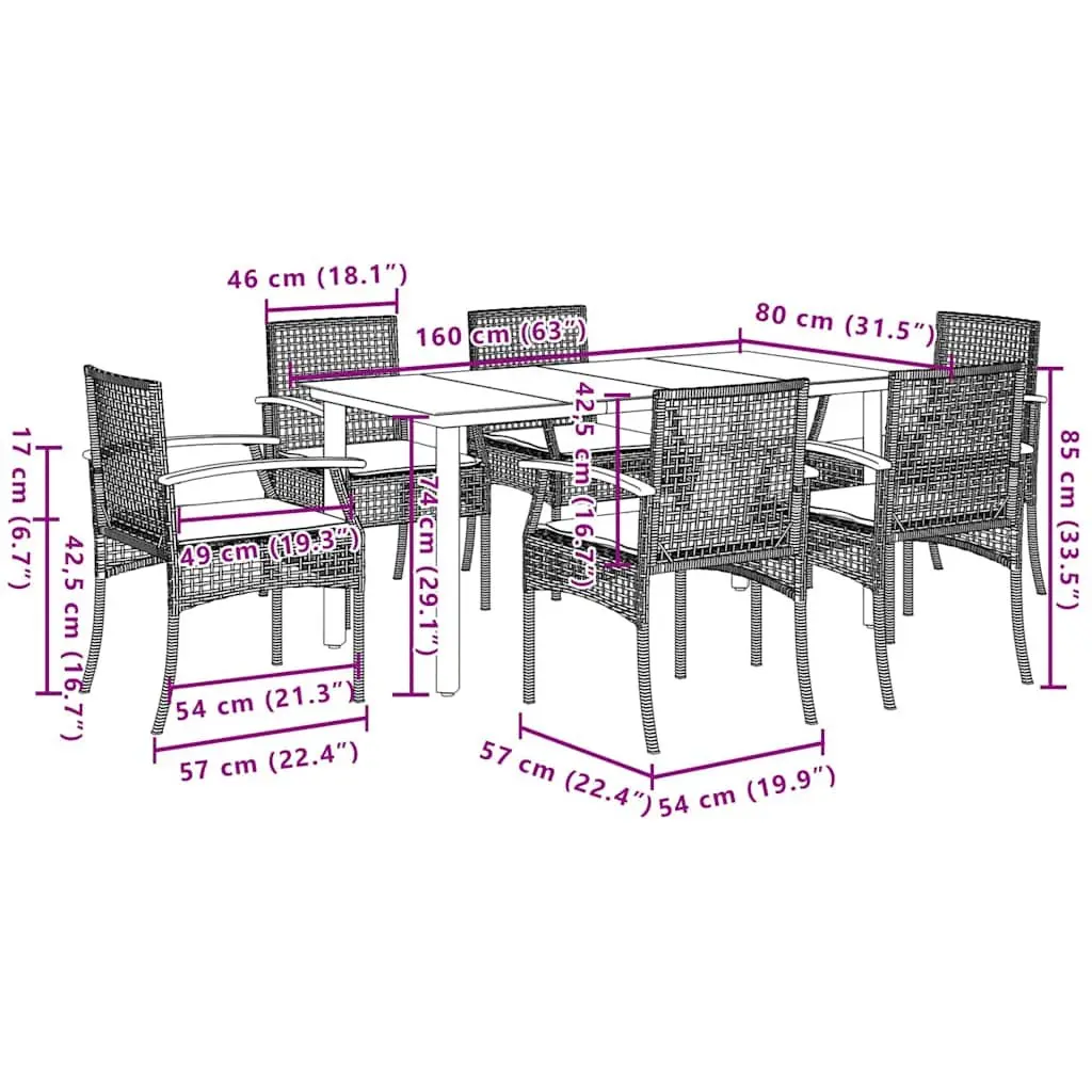 7 Piece Garden Dining Set Outdoor Patio Furniture Black Poly Rattan with Tempered Glass Tabletop and Cushioned Chairs