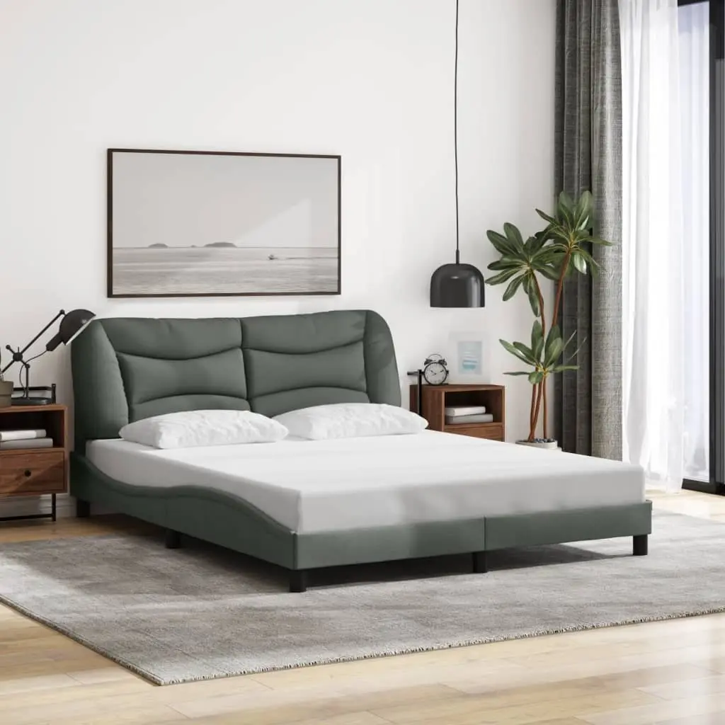 Queen Bed Frame with LED Lights Dark Grey Fabric Headboard 152x203cm Bedroom