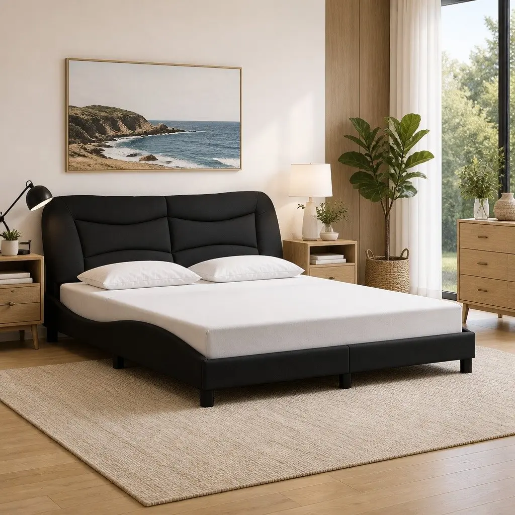 Queen Bed Frame Black Fabric LED Lights Headboard Support Bedroom Furniture
