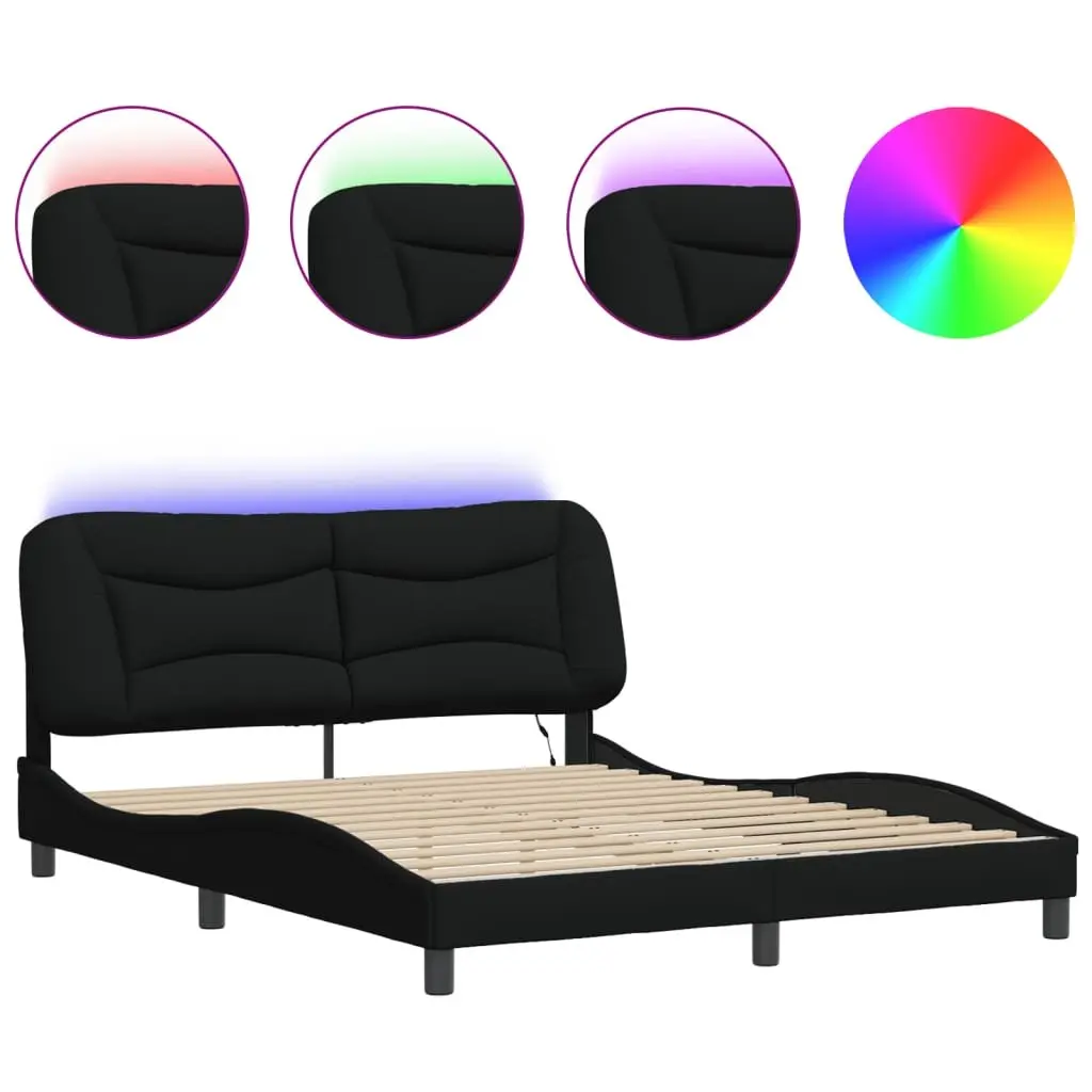 Queen Bed Frame Black Fabric LED Lights Headboard Support Bedroom Furniture