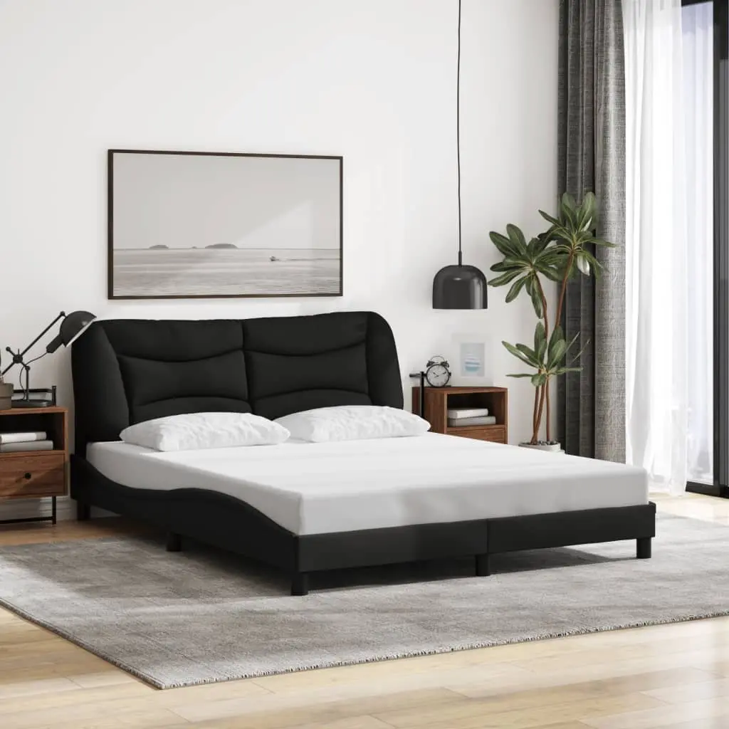 Queen Bed Frame Black Fabric LED Lights Headboard Support Bedroom Furniture