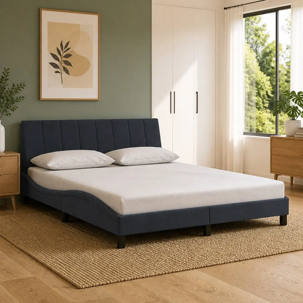 Queen Bed Frame LED Grey Velvet Headboard Plywood Slats Modern Bedroom Furniture