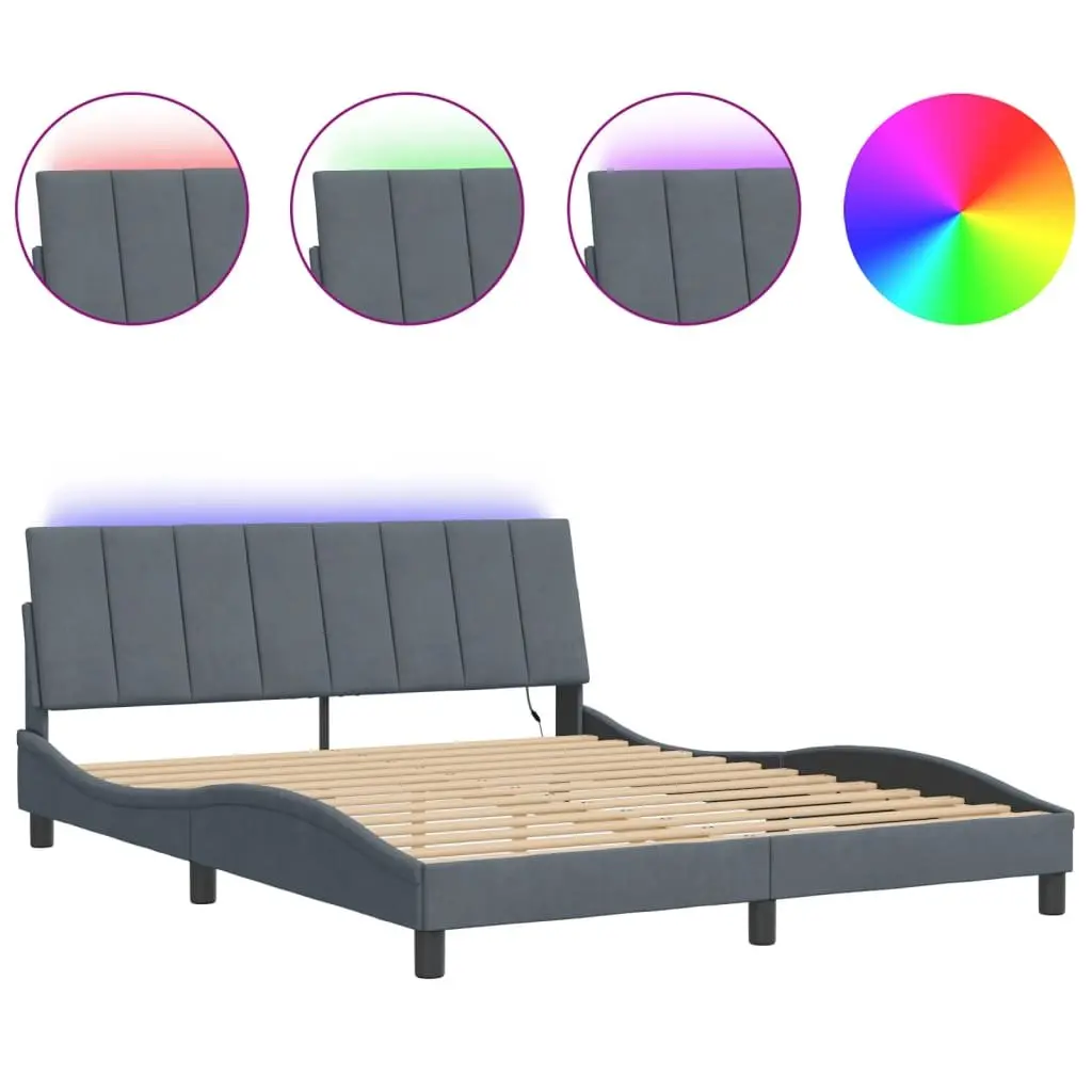 Queen Bed Frame LED Grey Velvet Headboard Plywood Slats Modern Bedroom Furniture