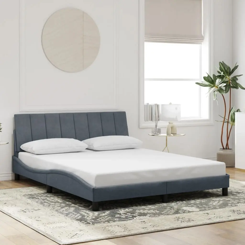 Queen Bed Frame LED Grey Velvet Headboard Plywood Slats Modern Bedroom Furniture