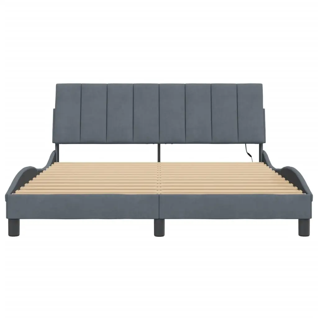 Queen Bed Frame LED Grey Velvet Headboard Plywood Slats Modern Bedroom Furniture