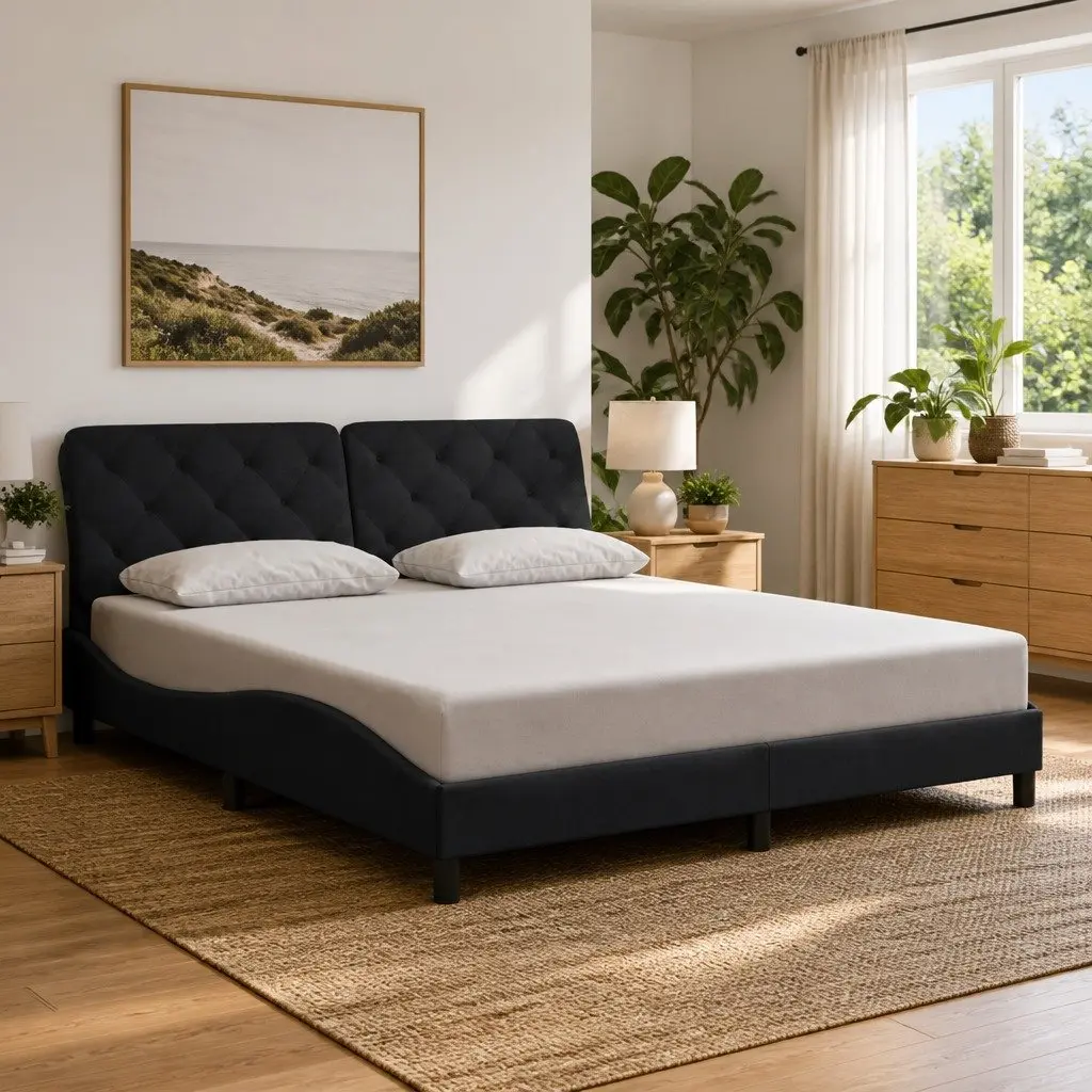 Bed Frame Velvet Black 180x200 cm Slatted Base LED Lights Headboard