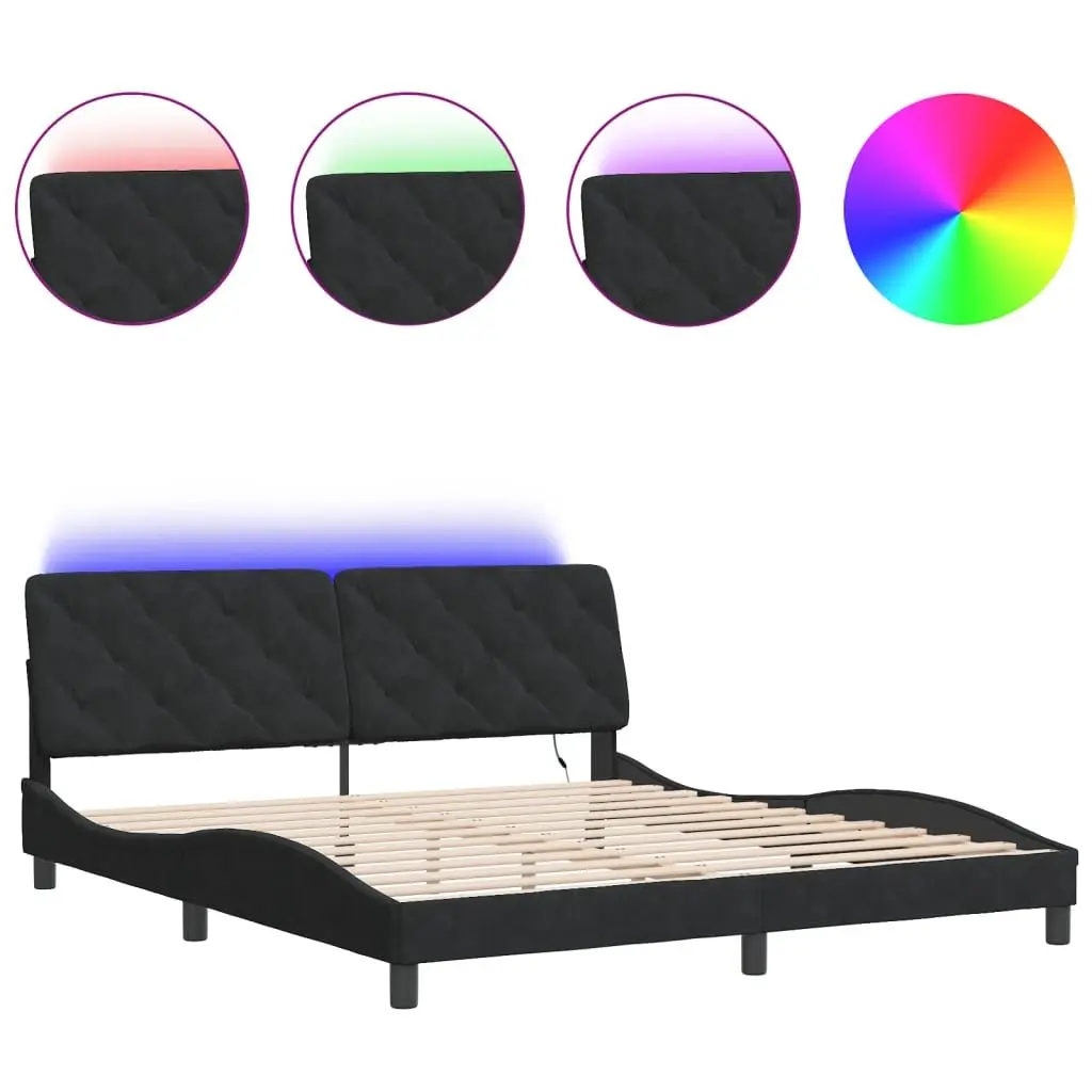 Bed Frame Velvet Black 180x200 cm Slatted Base LED Lights Headboard