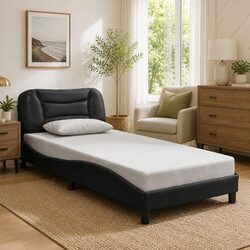 Practical Black Bed Frame with Cushioned Headboard and LED Lights