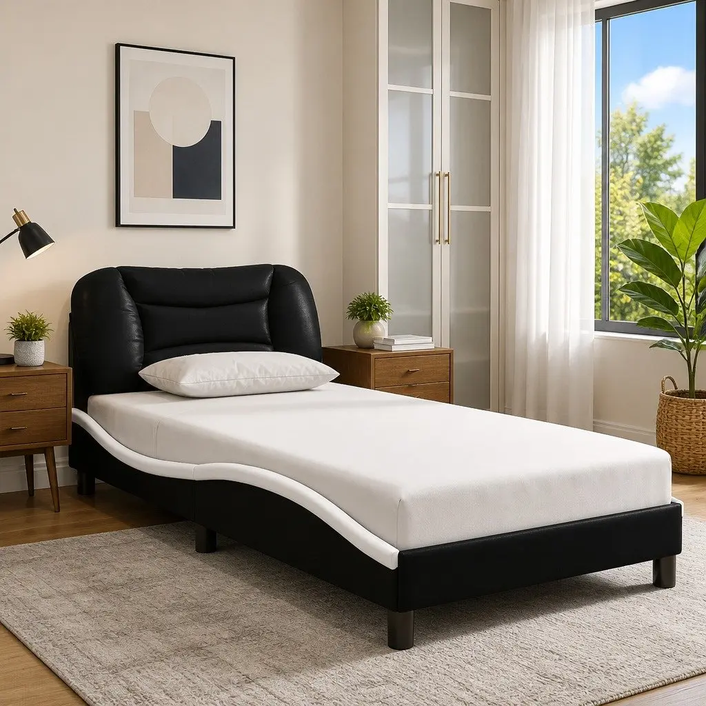 Bed Frame Faux Leather 90 x 190 cm Black White with LED Lights and Headboard Support