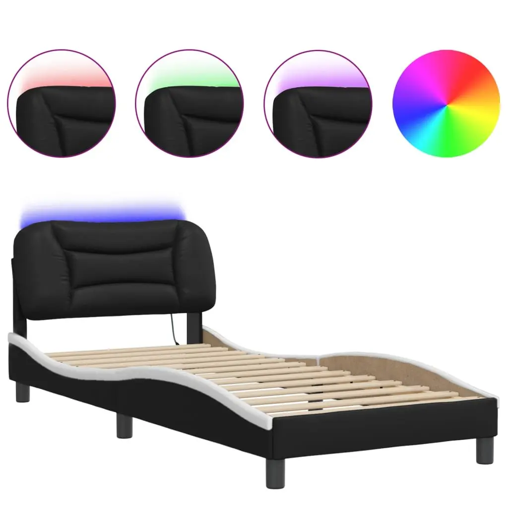 Bed Frame Faux Leather 90 x 190 cm Black White with LED Lights and Headboard Support