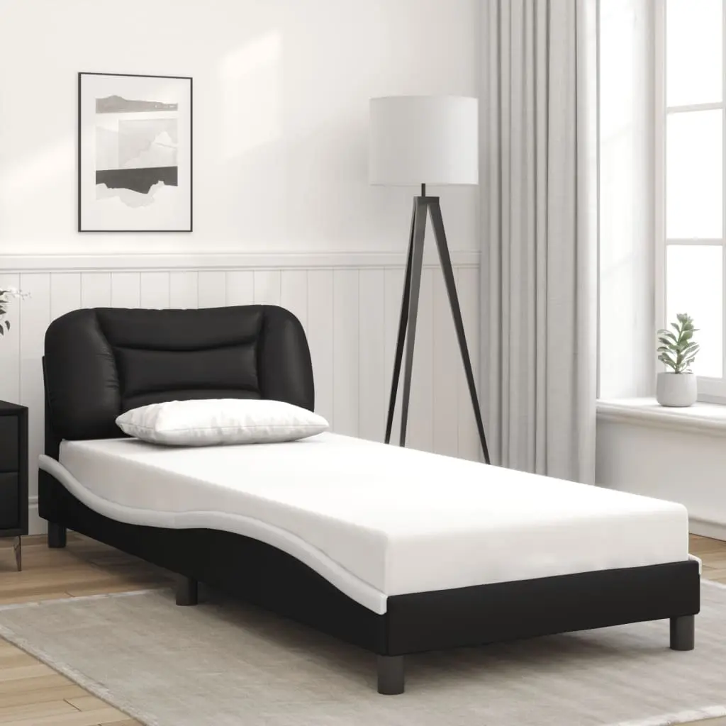 Bed Frame Faux Leather 90 x 190 cm Black White with LED Lights and Headboard Support