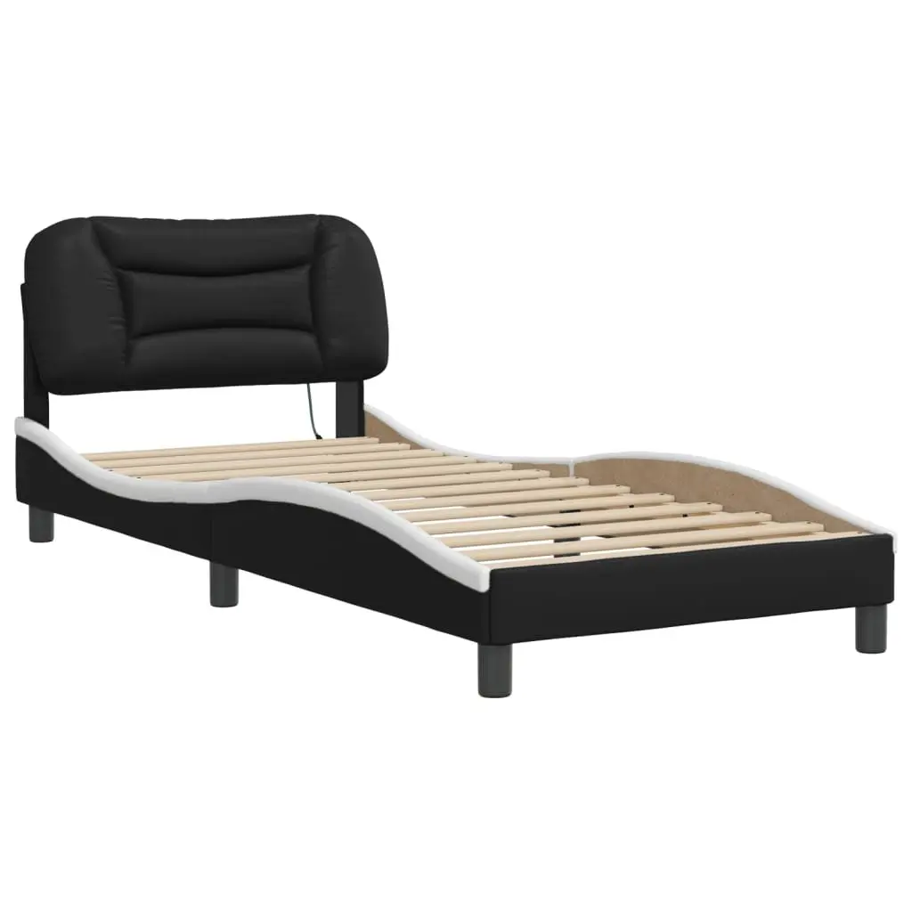 Bed Frame Faux Leather 90 x 190 cm Black White with LED Lights and Headboard Support