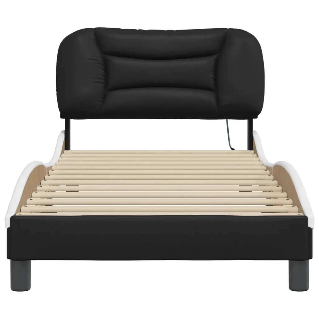 Bed Frame Faux Leather 90 x 190 cm Black White with LED Lights and Headboard Support