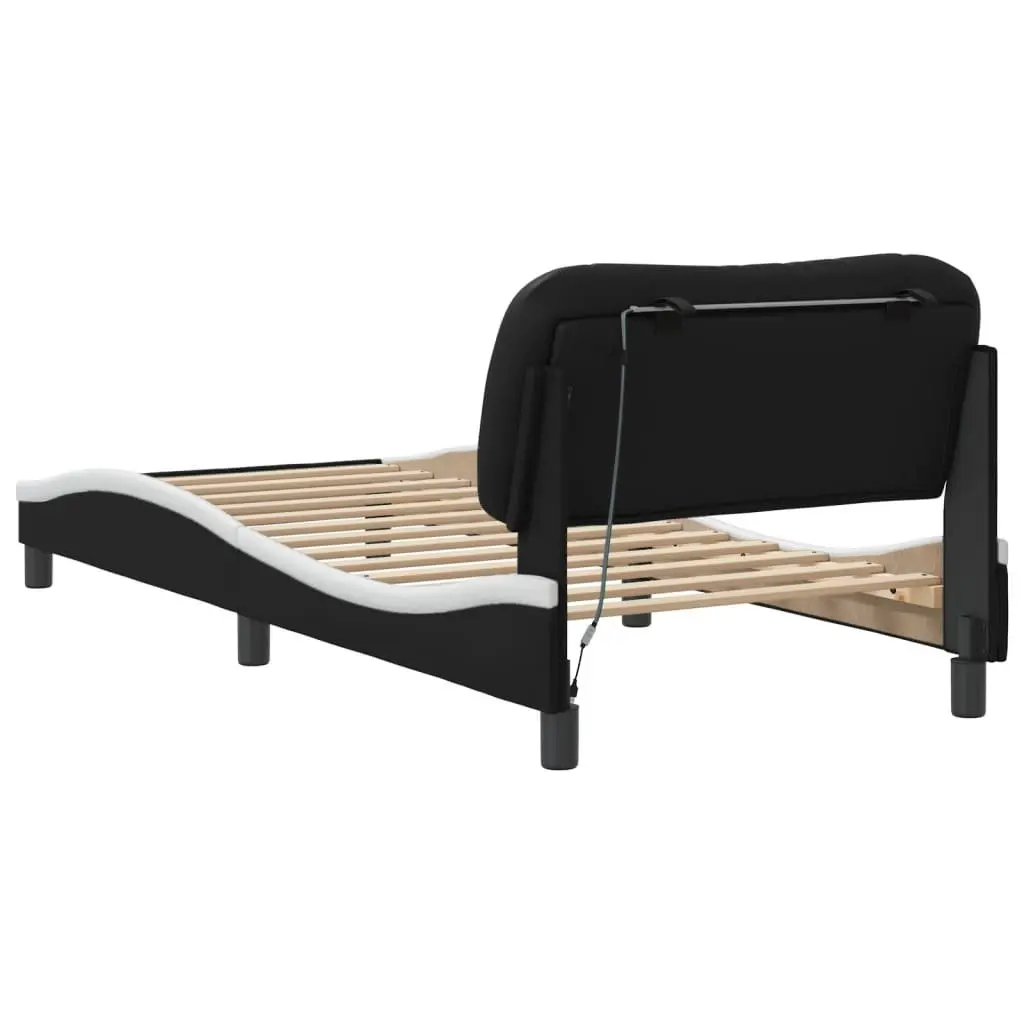 Bed Frame Faux Leather 90 x 190 cm Black White with LED Lights and Headboard Support