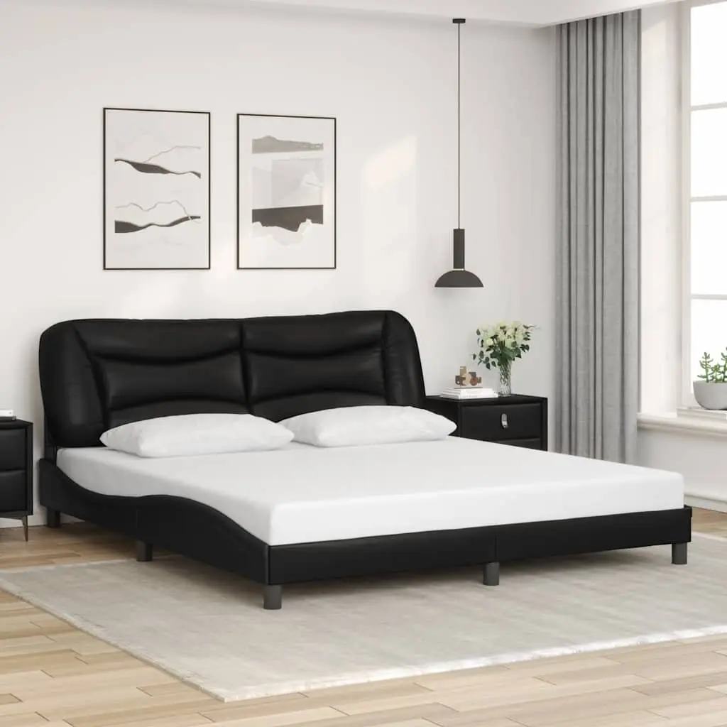 Faux Leather Bed Frame 180x200cm Black with Integrated Colourful LED Strip Lights and Padded Headboard