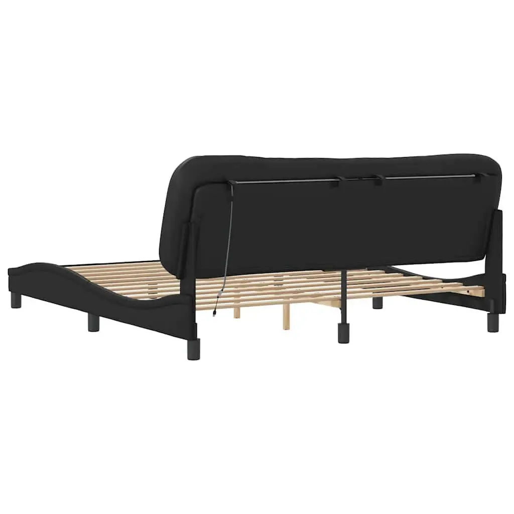 Faux Leather Bed Frame 180x200cm Black with Integrated Colourful LED Strip Lights and Padded Headboard