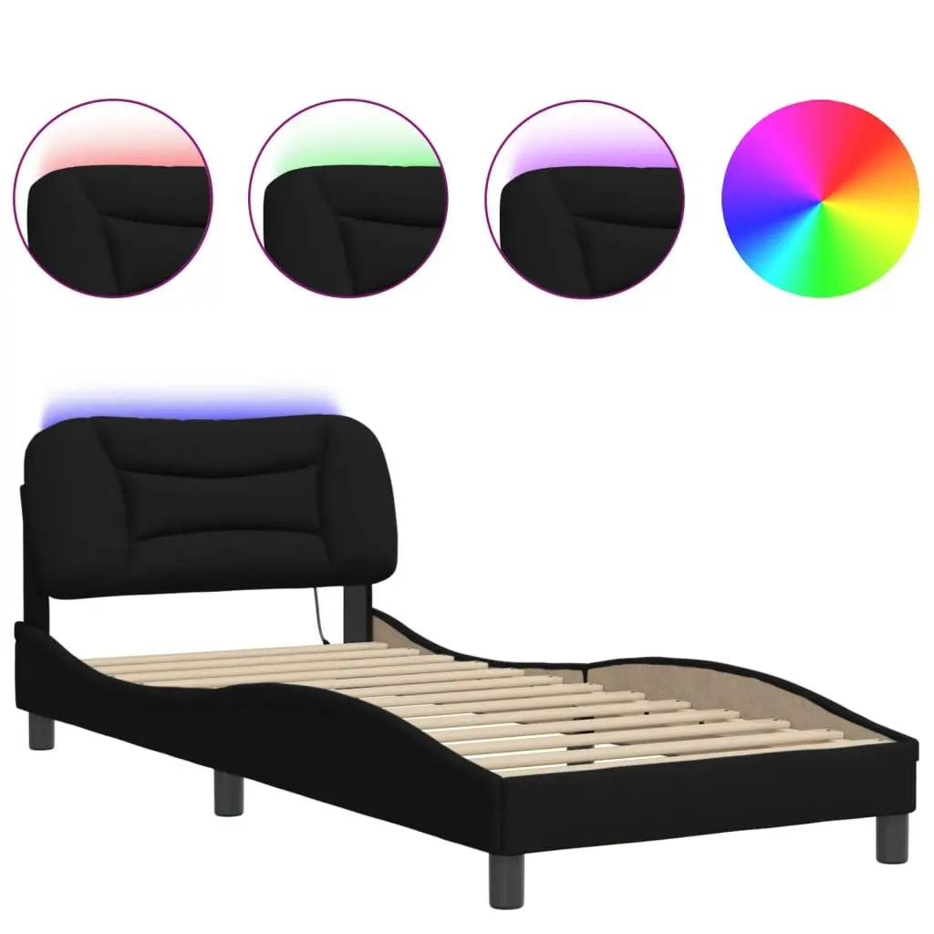 Bed Frame Fabric Upholstery 90x190 cm Black with LED Lights Slatted Base Support