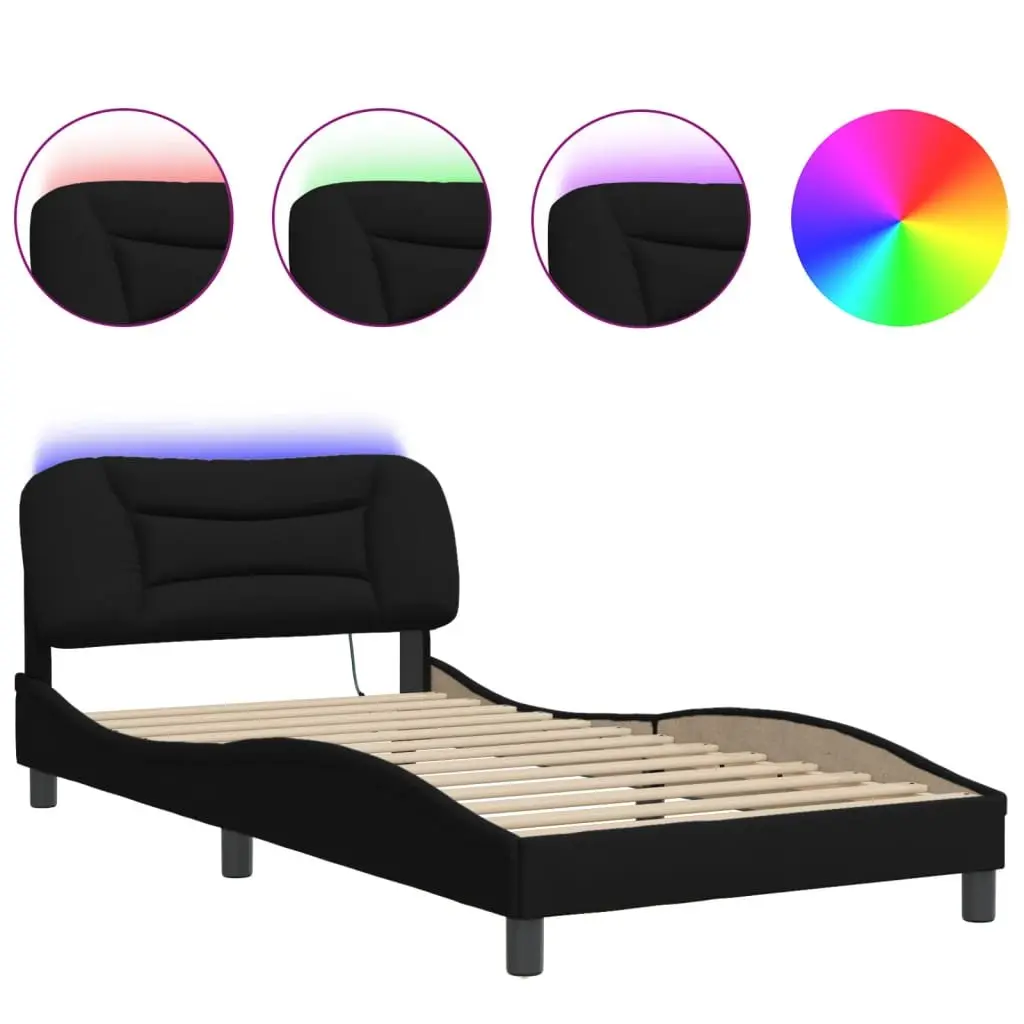 King Single Bed Frame with LED Lights Waved Design Black Fabric Headboard