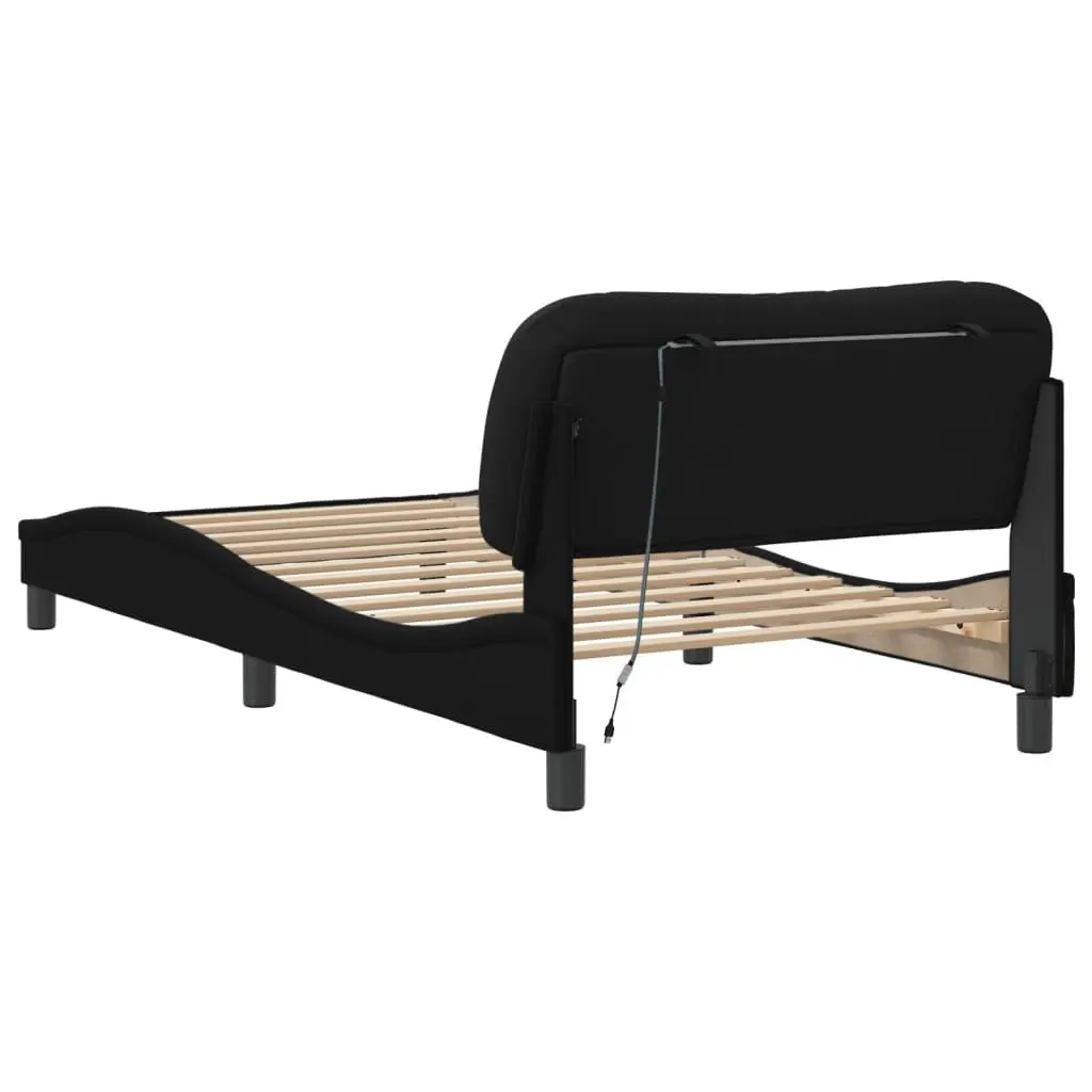 King Single Bed Frame with LED Lights Waved Design Black Fabric Headboard
