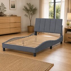 Practical Grey Velvet Bed Frame with Integrated LED Lights