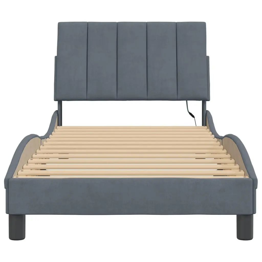 Bed Frame Velvet Grey 90x190 cm with LED Lights Slatted Base
