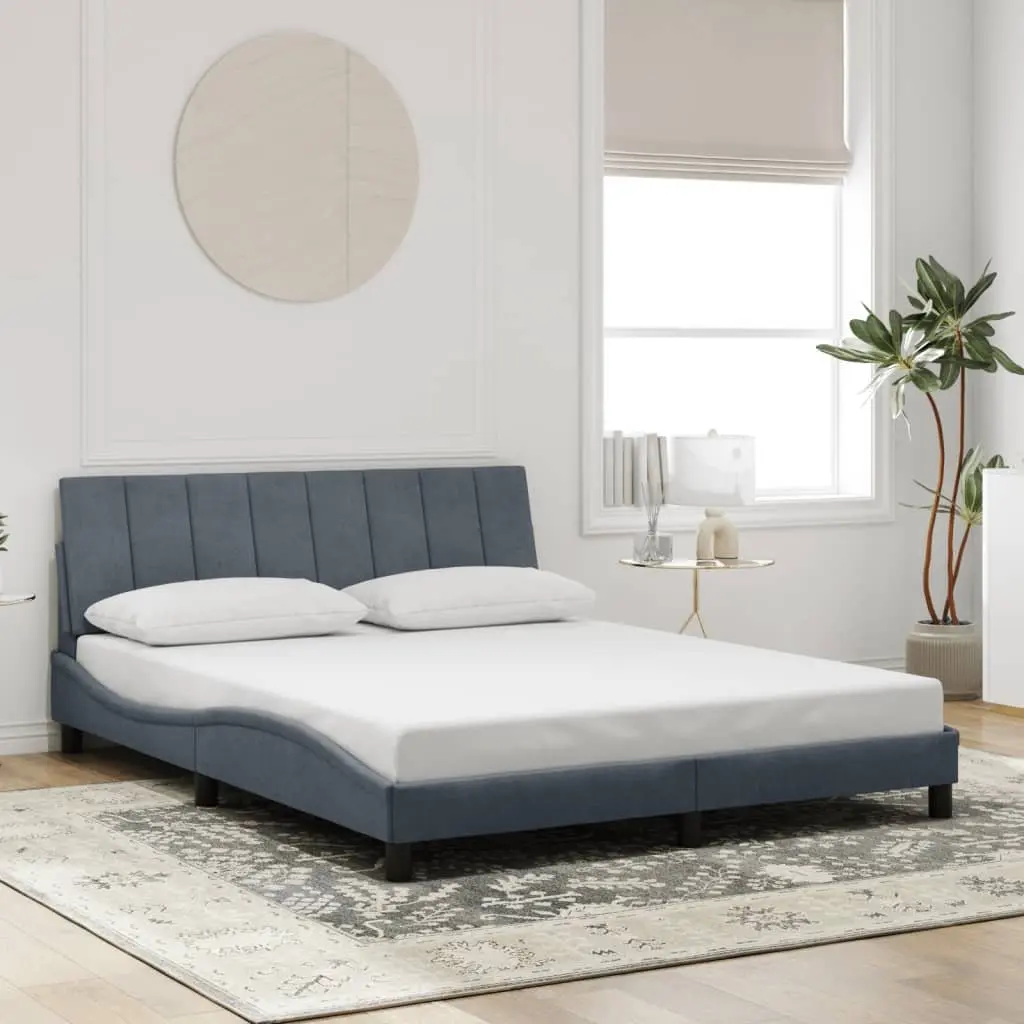 Queen Bed Frame LED Grey Velvet Headboard Plywood Slats Modern Bedroom Furniture