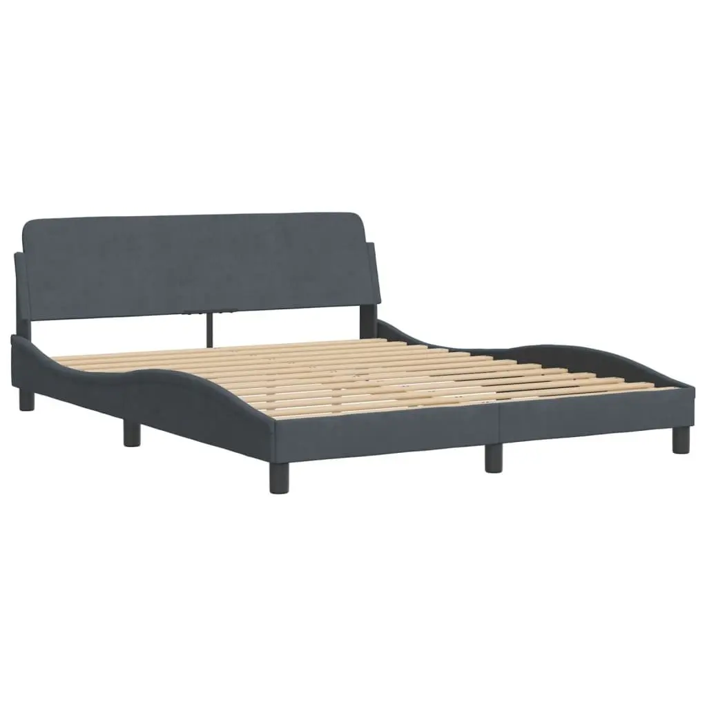 Queen Bed Frame LED Grey Velvet Headboard Plywood Slats Modern Bedroom Furniture