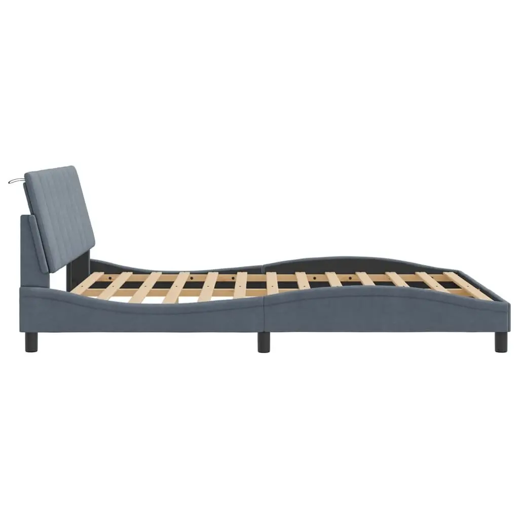 Queen Bed Frame LED Grey Velvet Headboard Plywood Slats Modern Bedroom Furniture