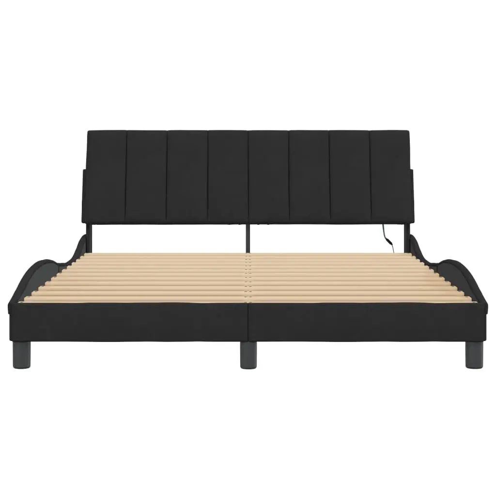 Queen Velvet Bed Frame with LED Strip 152x203cm Black Upholstered Headboard