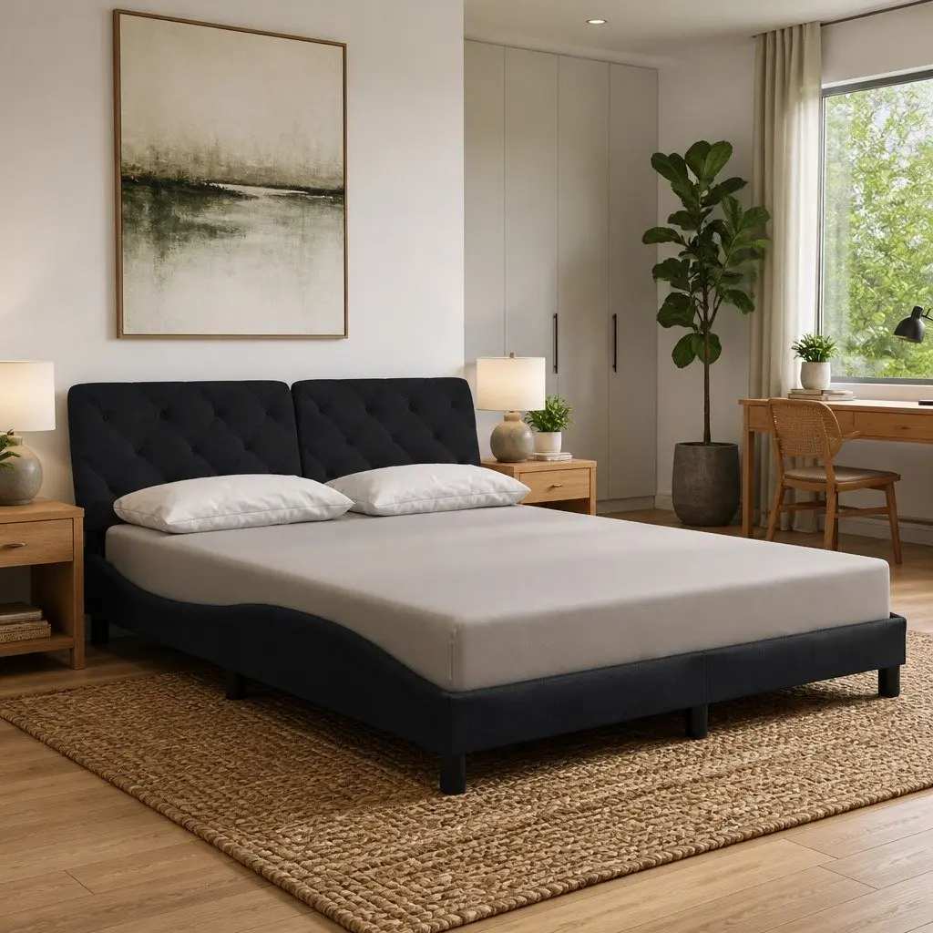 Queen Bed Frame Velvet Upholstered Black with LED Lights and Foam-filled Headboard Pillow