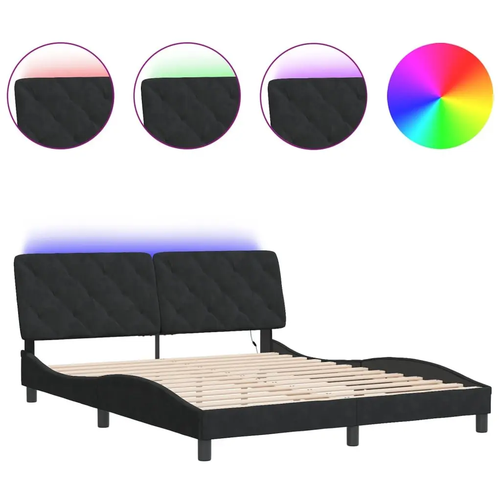 Queen Bed Frame Velvet Upholstered Black with LED Lights and Foam-filled Headboard Pillow