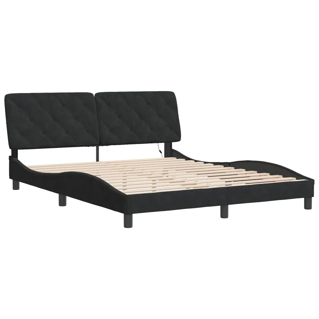 Queen Bed Frame Velvet Upholstered Black with LED Lights and Foam-filled Headboard Pillow