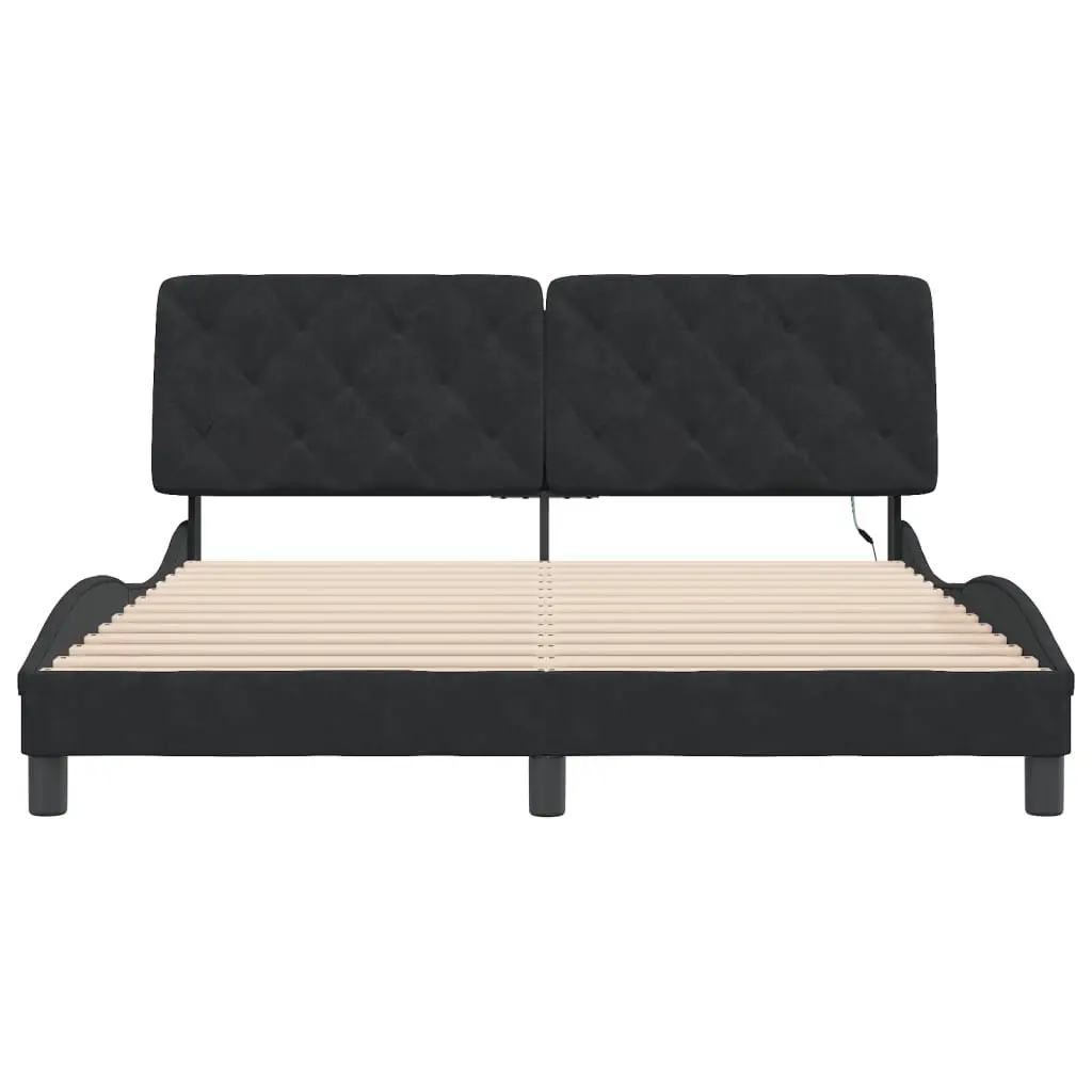 Queen Bed Frame Velvet Upholstered Black with LED Lights and Foam-filled Headboard Pillow