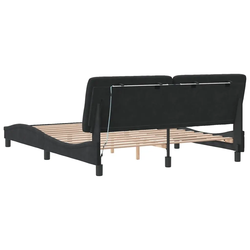Queen Bed Frame Velvet Upholstered Black with LED Lights and Foam-filled Headboard Pillow