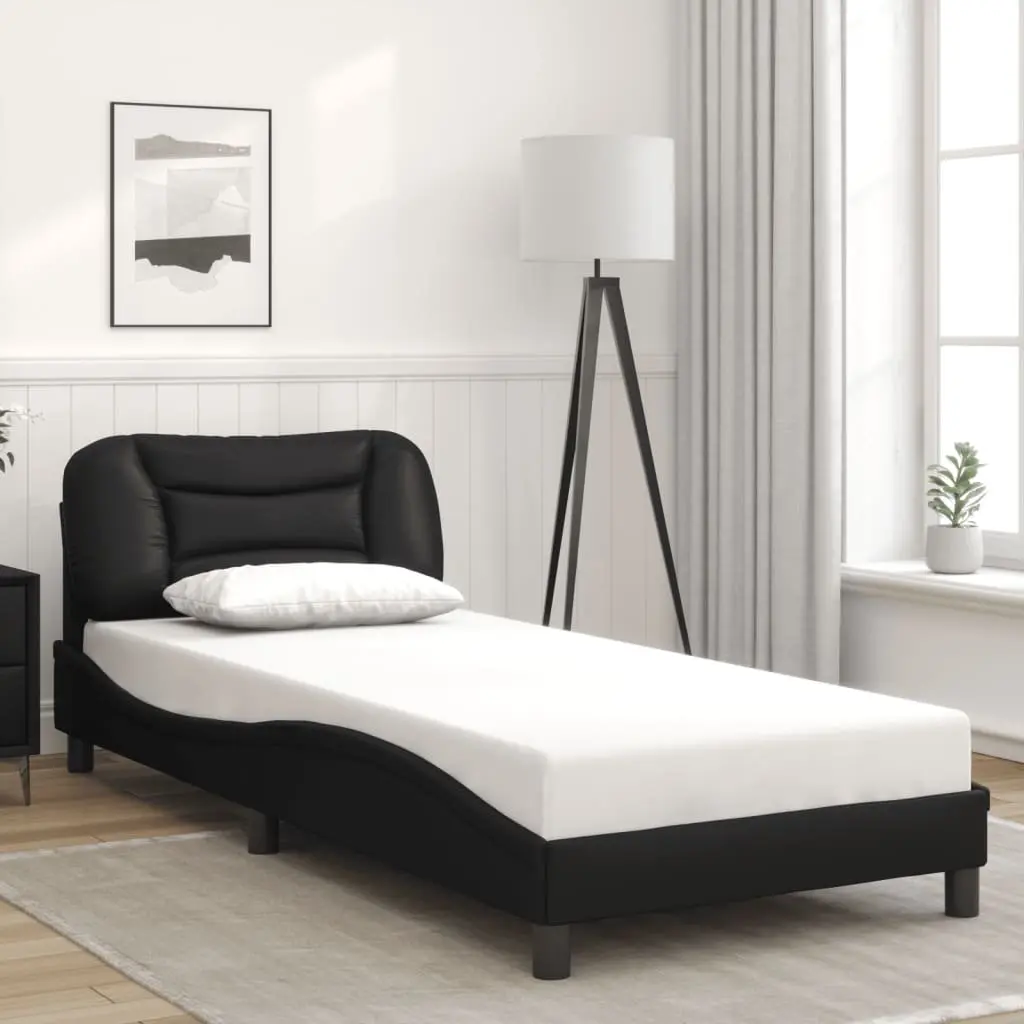Bed Frame Faux Leather Black 90x190cm with Padded Headboard and Integrated LED Lights