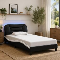 Bed Frame with LED Lights Black White Faux Leather Headboard 107x203 cm