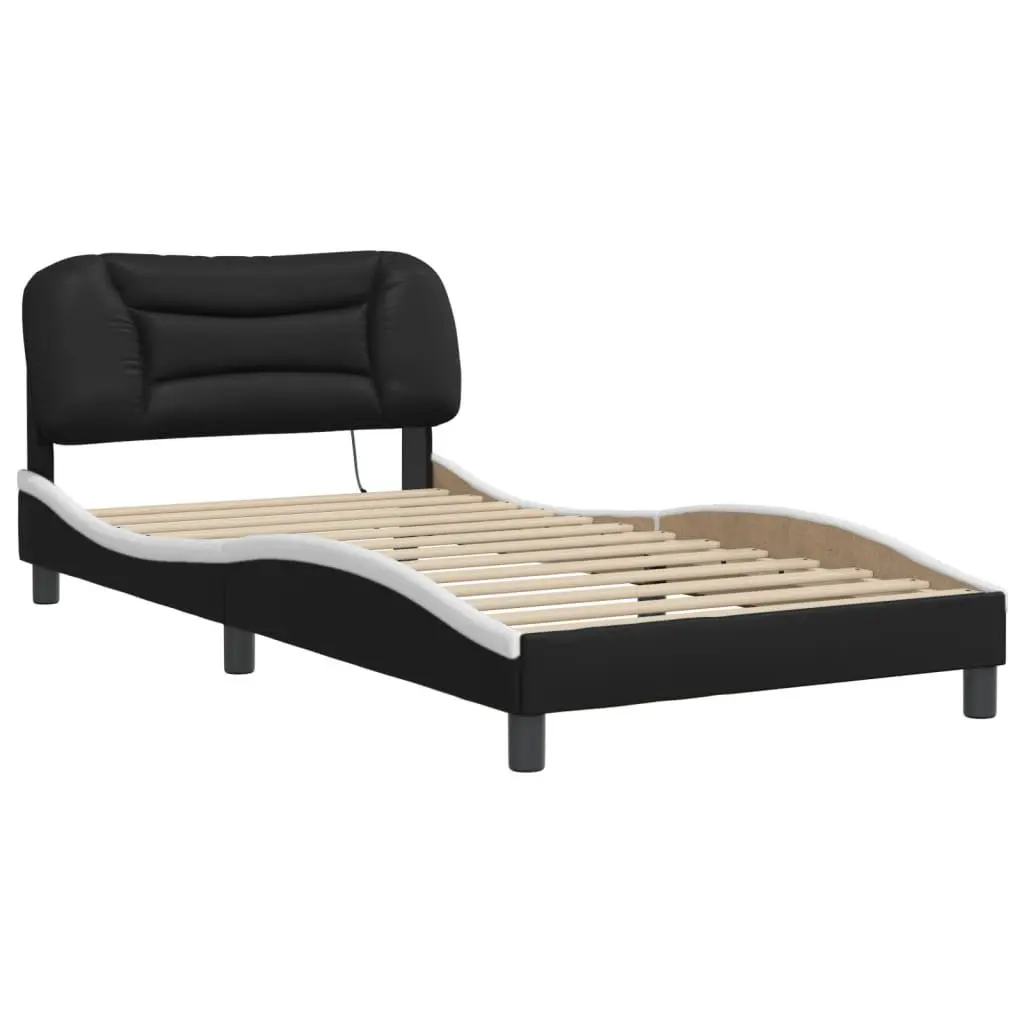 Bed Frame Faux Leather Black White 107x203 cm Padded Headboard LED Lights