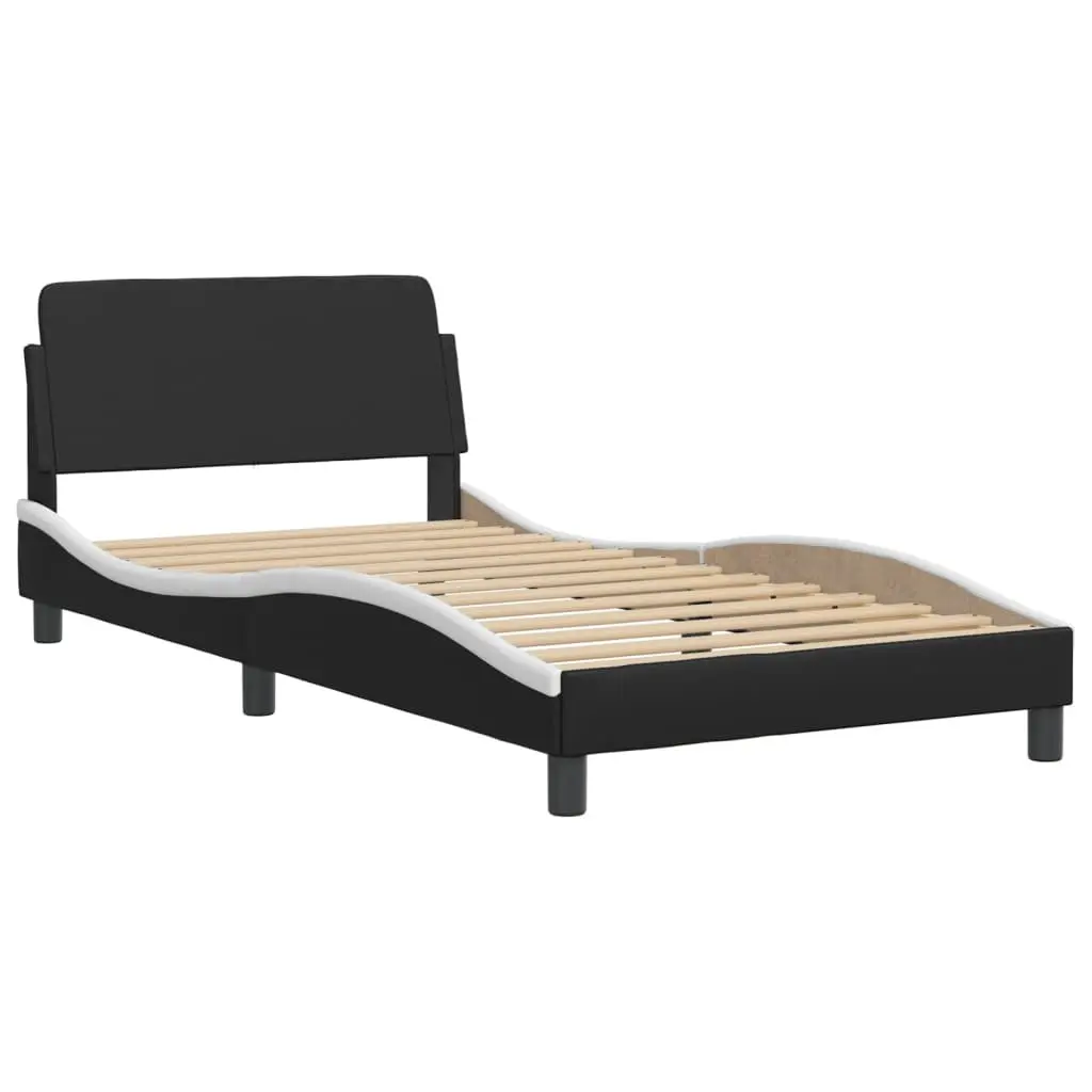 Bed Frame Faux Leather Black White 107x203 cm Padded Headboard LED Lights