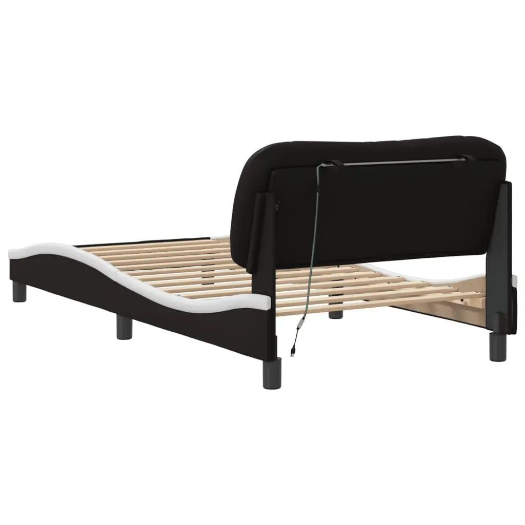 Bed Frame Faux Leather Black White 107x203 cm Padded Headboard LED Lights