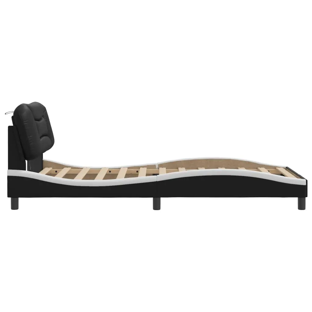 Bed Frame Faux Leather Black White 107x203 cm Padded Headboard LED Lights