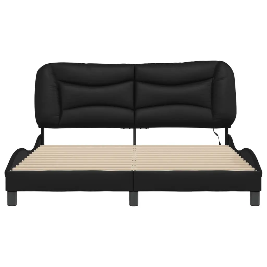 LED Bed Frame Black Faux Leather Plywood Slats 152x203cm with Headboard