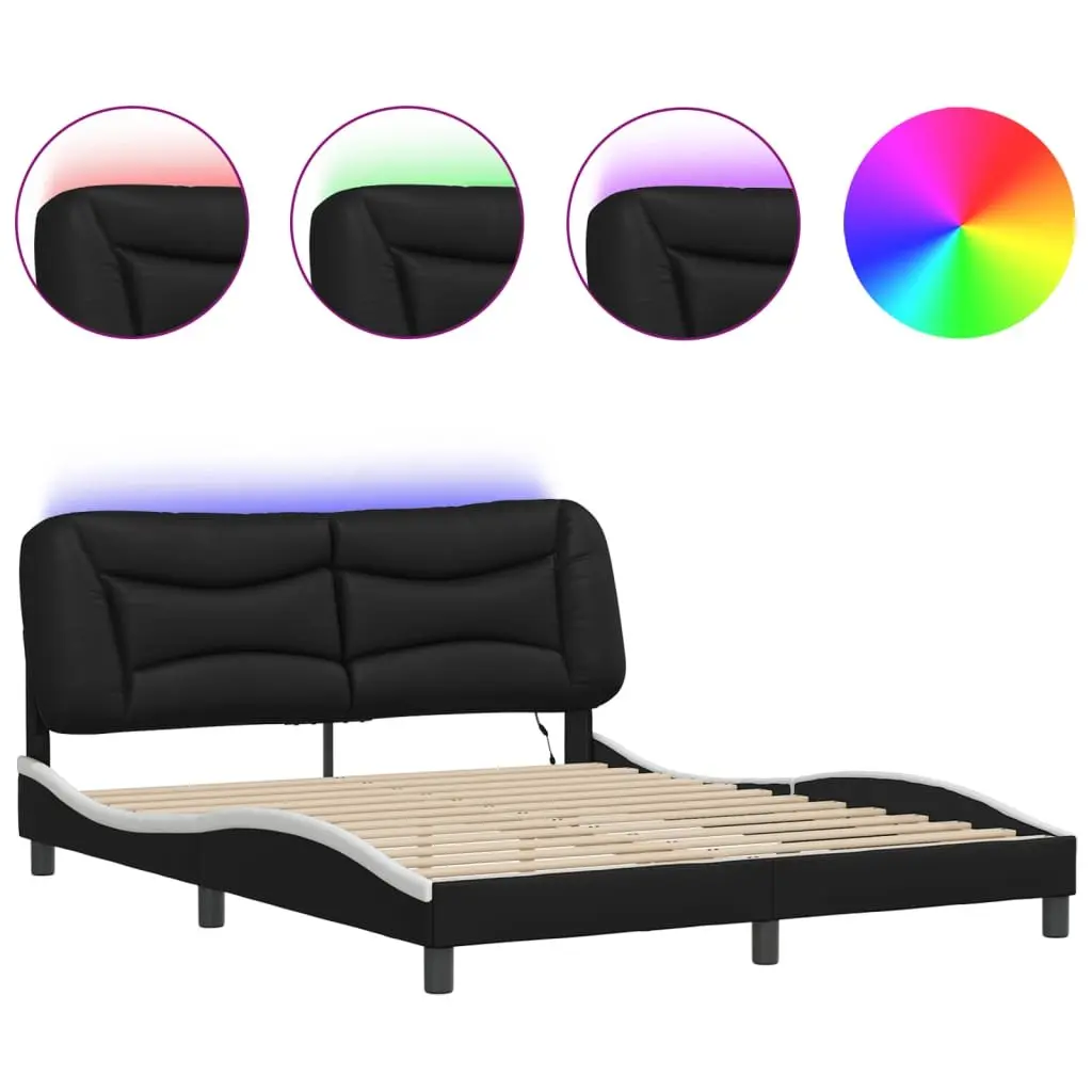 Bed Frame Faux Leather 152x203cm Black White with LED Lights and Plywood Slats