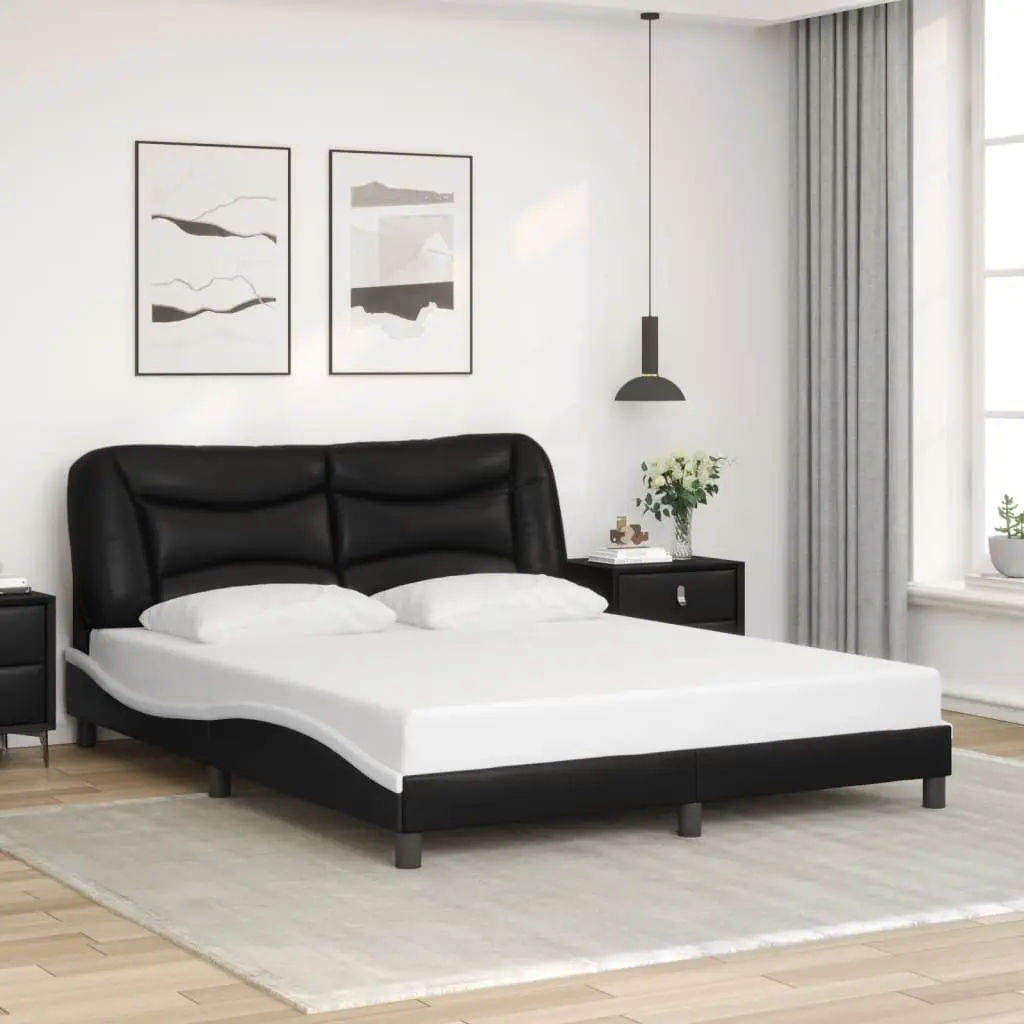 Bed Frame Faux Leather 152x203cm Black White with LED Lights and Plywood Slats