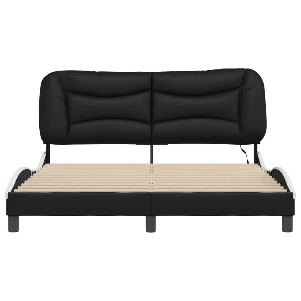 Bed Frame Faux Leather 152x203cm Black White with LED Lights and Plywood Slats