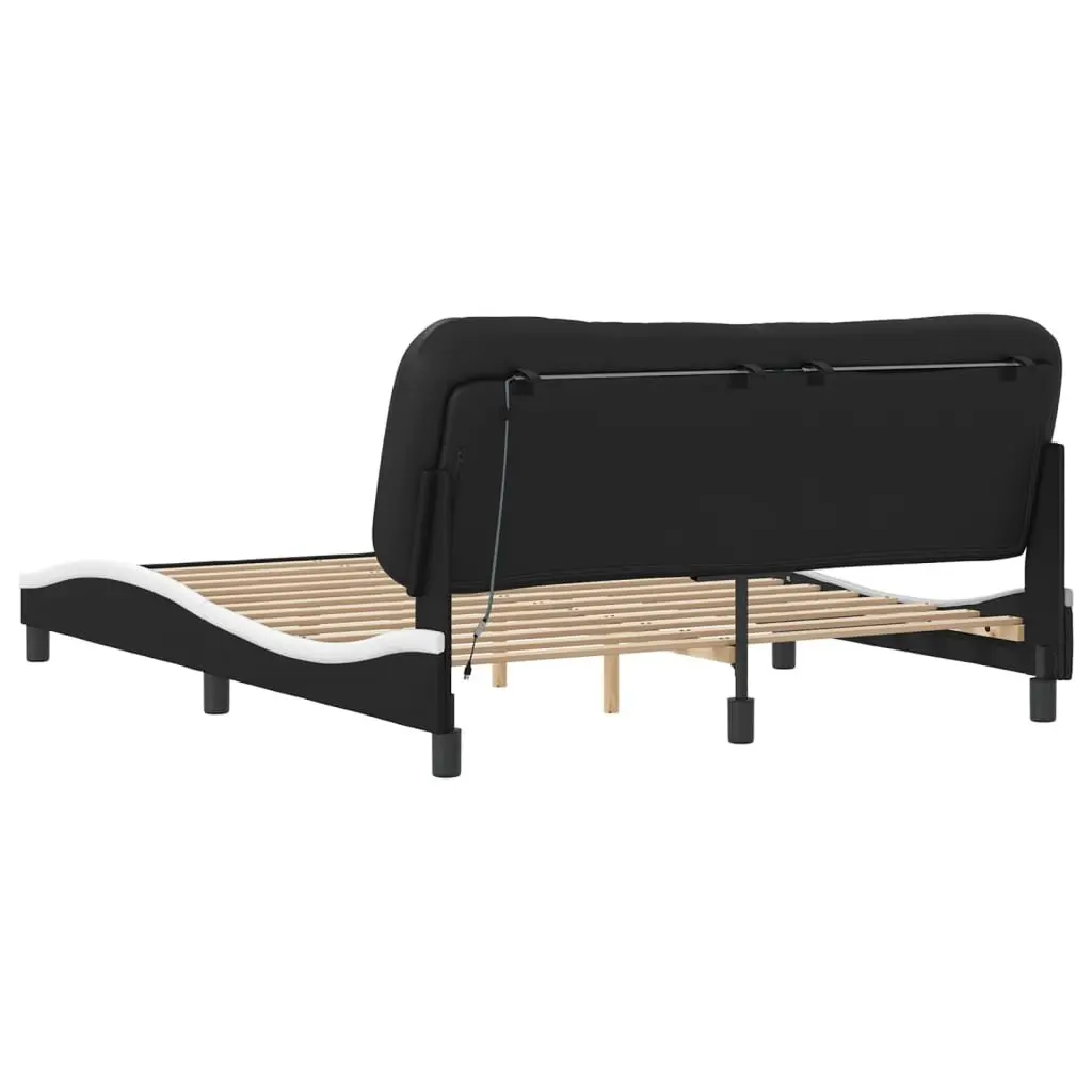 Bed Frame Faux Leather 152x203cm Black White with LED Lights and Plywood Slats