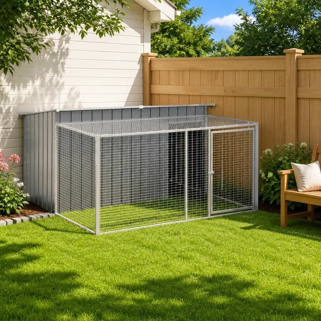 Dog House with Run Anthracite Galvanised Steel Outdoor Pet Kennel Enclosure