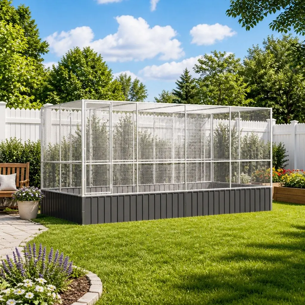 Large Bird Aviary Silver Galvanised Steel Mesh Cage 418 x 207 x 212 cm Outdoor Flight Enclosure