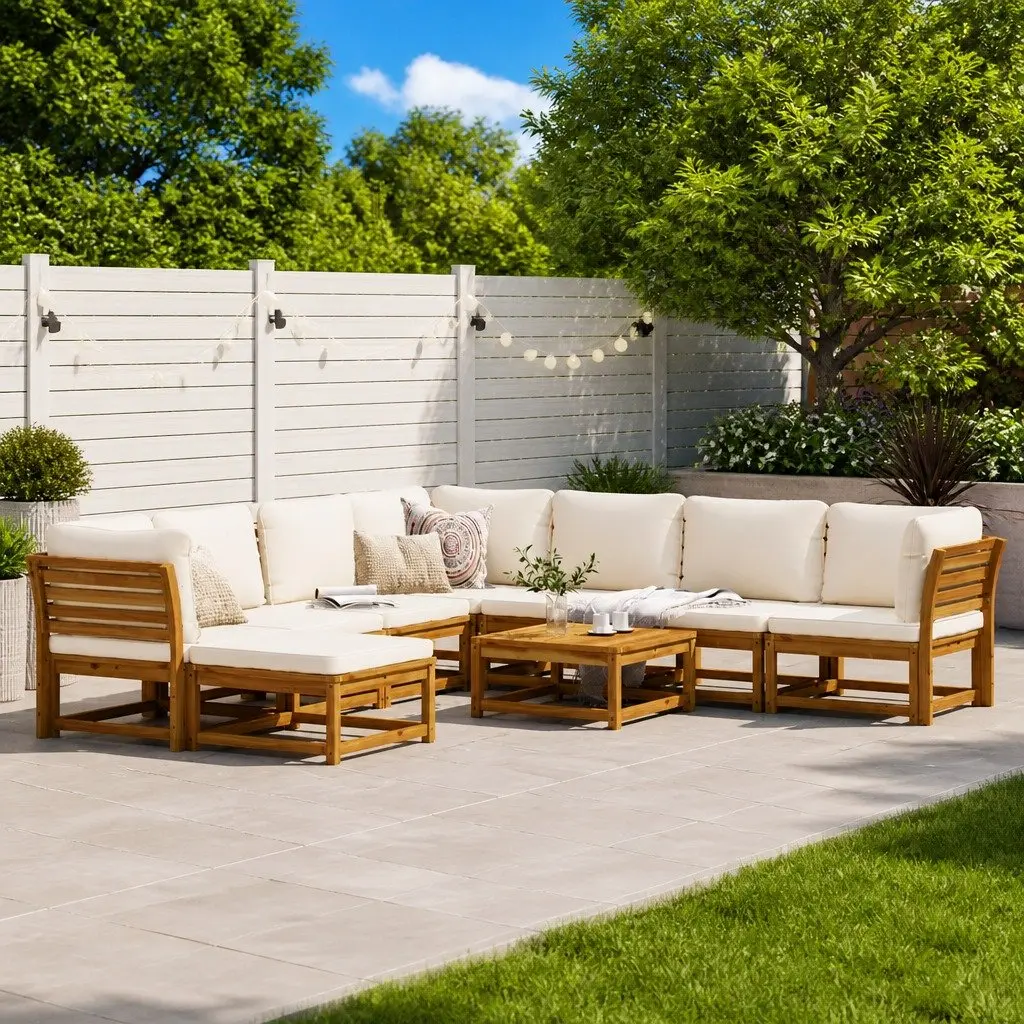 Garden Lounge Set Modular Solid Acacia Wood 9 Piece Outdoor Sectional Sofa Brown Cushions