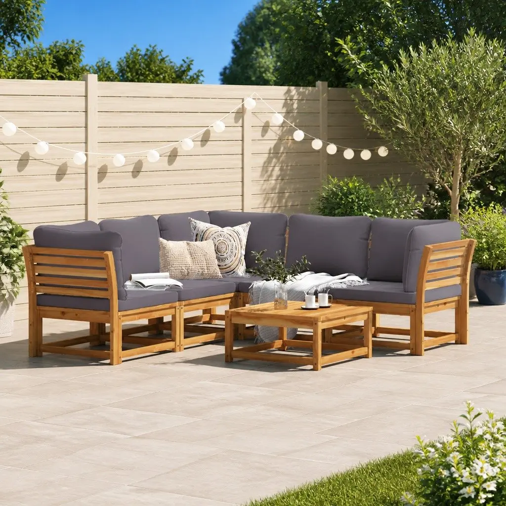 6 Piece Modular Garden Lounge Set Solid Acacia Wood Brown with Cushions